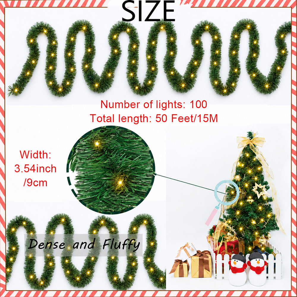 Cowin 50 FT Pre-Lit Christmas Garland with Lights, 100 LED Lighted Garlands for Xmas Wedding Indoor Outdoor Decor, Battery Operated 8 Modes(Warm White, Green)