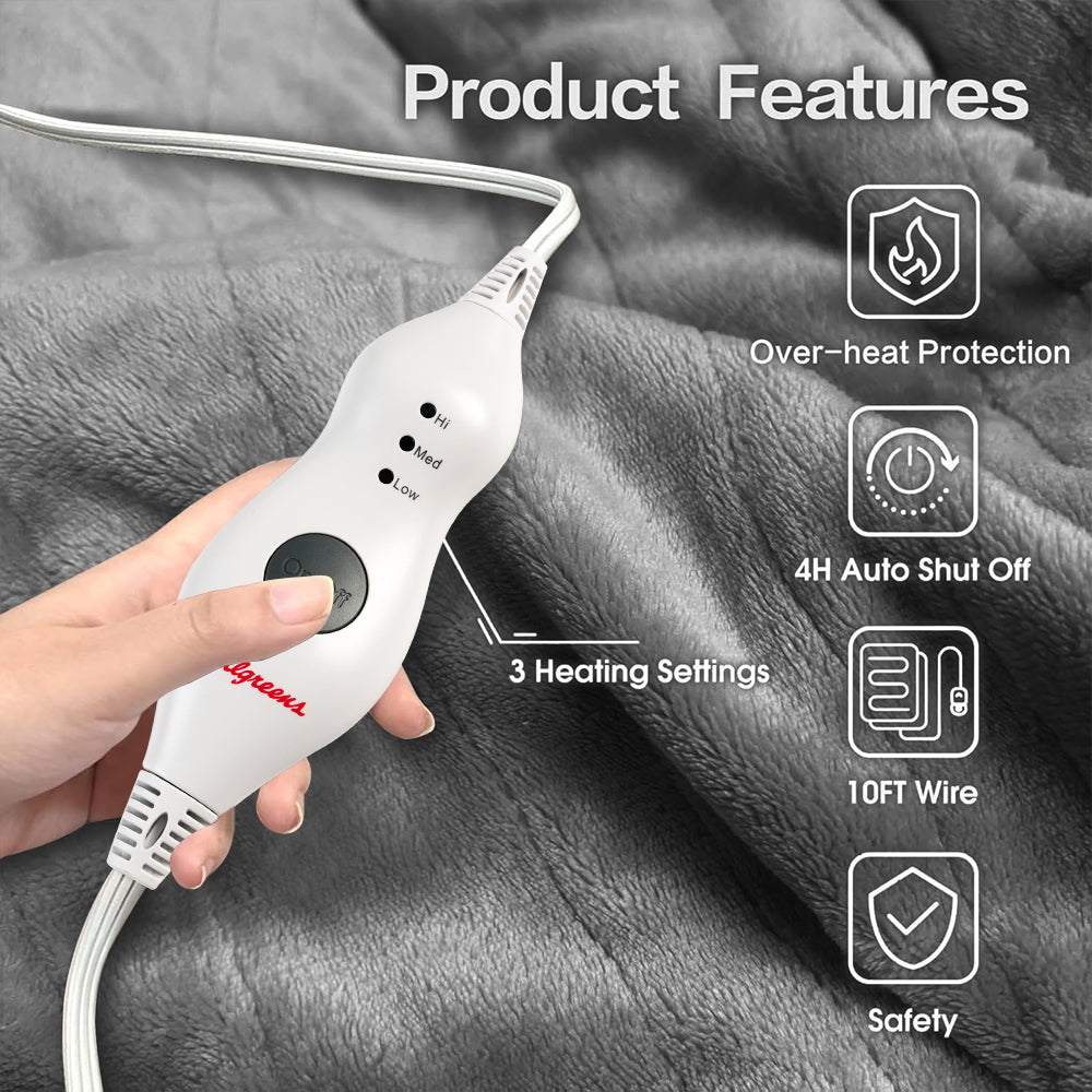 Electric Heated Blanket 50''x60'' with 3 Heating Levels, Automatically Shut Down After 4h with Overheat Protection Machine Washable(Gray)