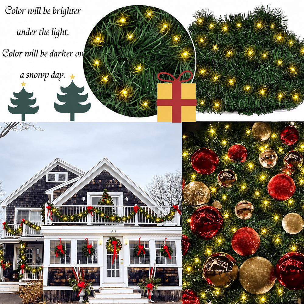Cowin 50 FT Pre-Lit Christmas Garland with Lights, 100 LED Lighted Garlands for Xmas Wedding Indoor Outdoor Decor, Battery Operated 8 Modes(Warm White, Green)