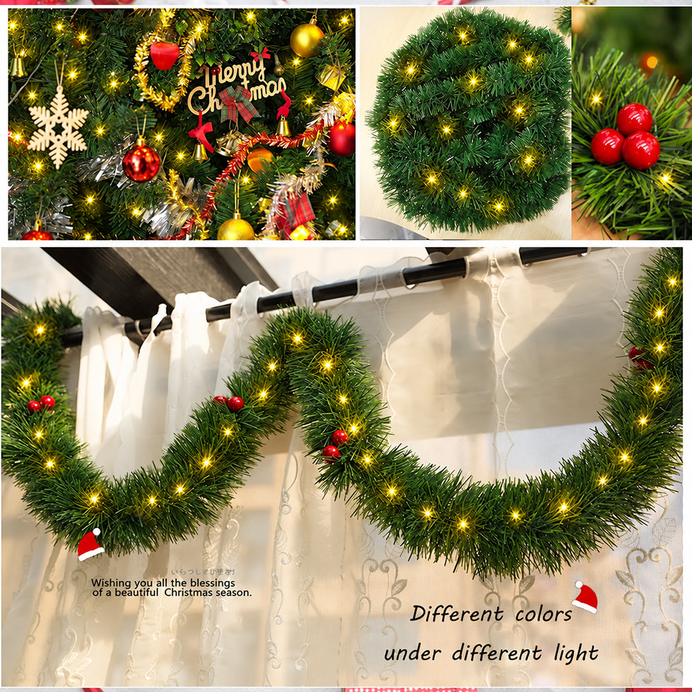 Cowin 50 FT Pre-Lit Christmas Garland with Lights, 100 LED Lighted Garlands for Xmas Wedding Indoor Outdoor Decor, Battery Operated 8 Modes(Warm White, Green)