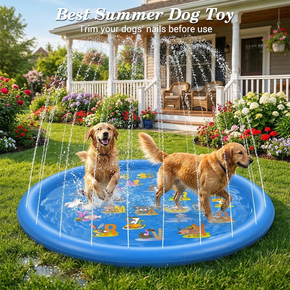 Non-Slip Splash Pad for Kids & Dog, 67'' Blue Water Play Mat for Outdoor Lawn Games, with Animals and Letters from A to Z