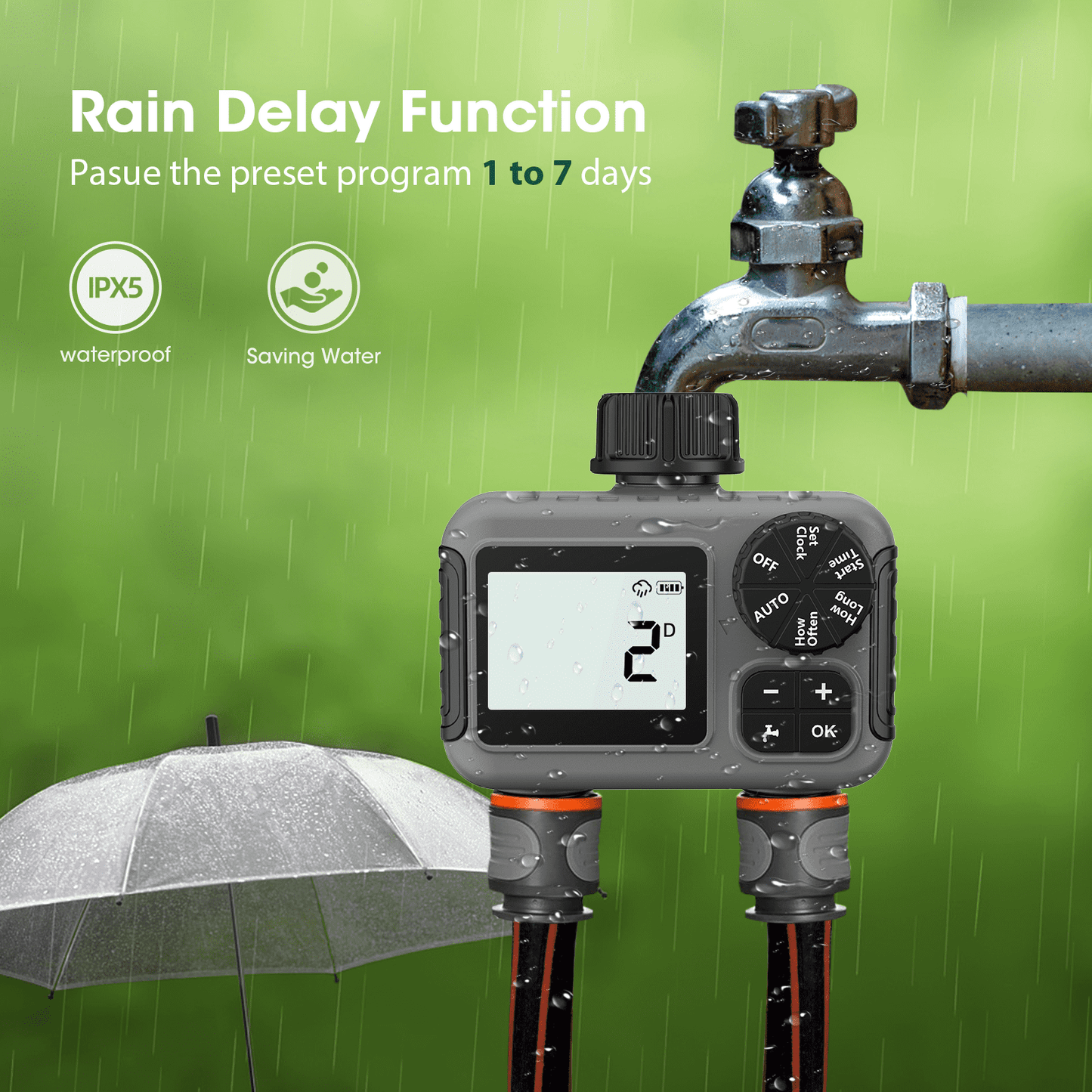 Cowin Sprinkler Timer 2 Outlet, Outdoor Garden Hose Faucet Timers with Rain Delay/Manual/Automatic Watering System, Digital Irrigation Timer for Yard, Gray