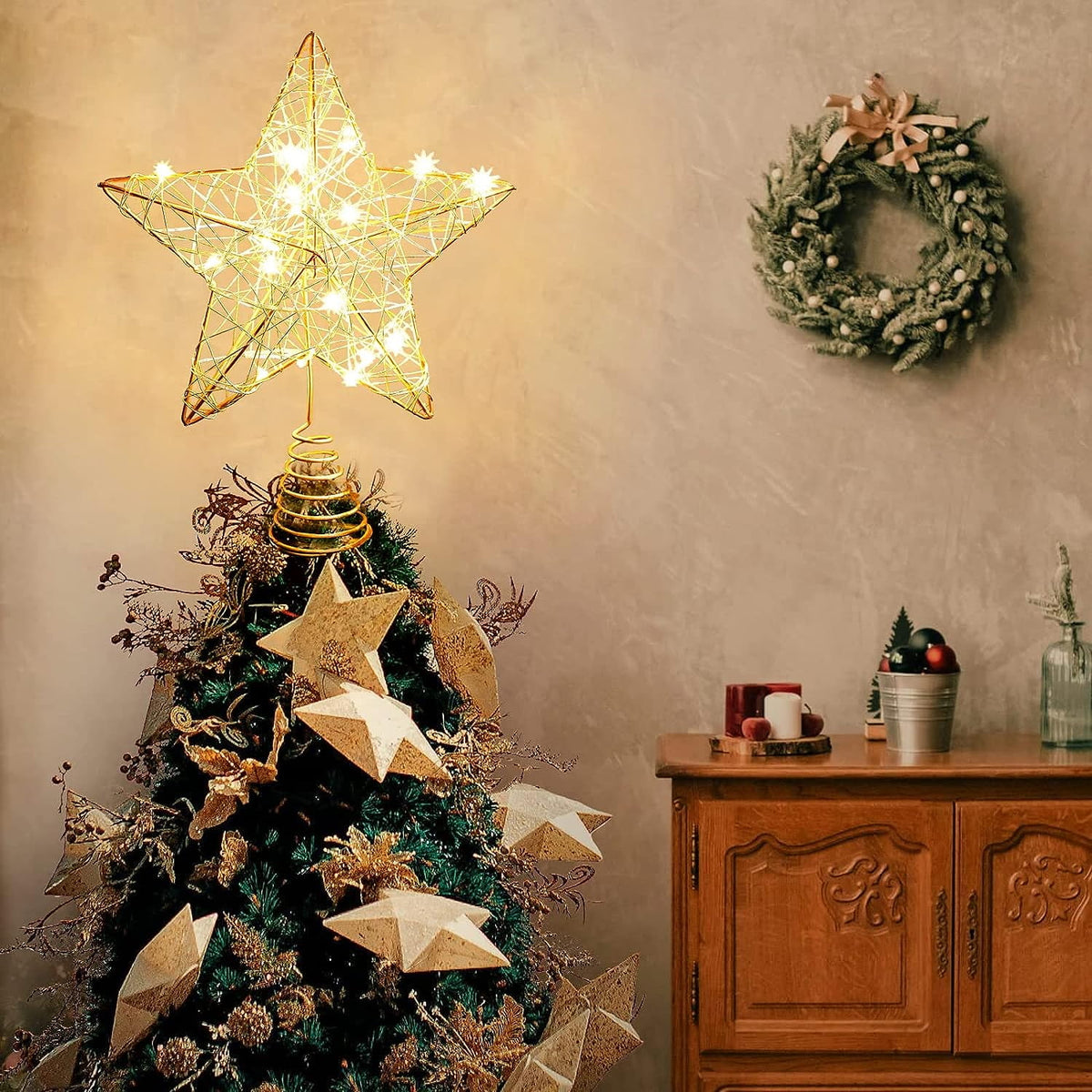 Cowin Christmas Star Tree Topper, Lighted Christmas Tree Topper, Hollow Gold Lighted Tree Star, LED Light up Xmas Tree Topper with 30 LE