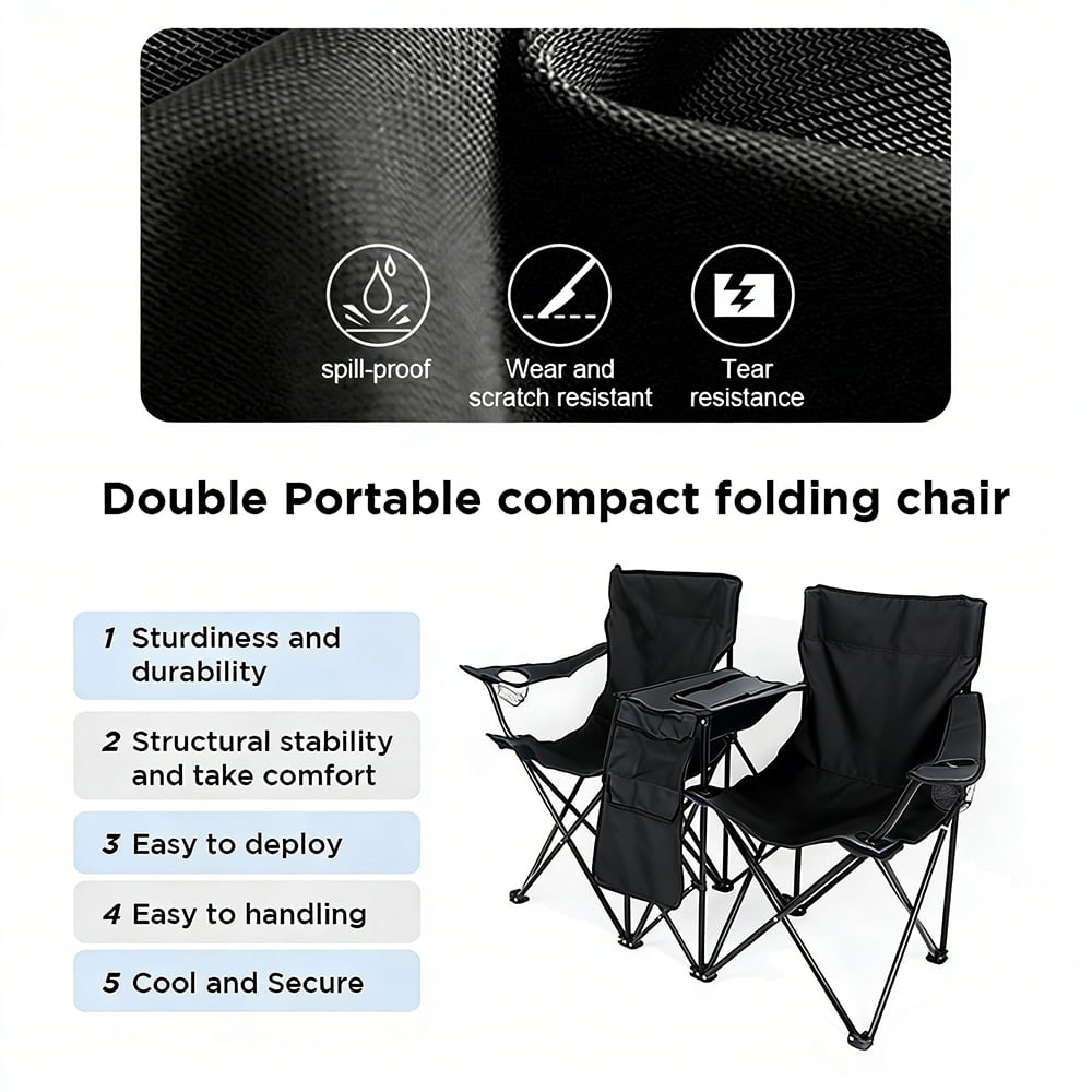 COWIN Outdoor Foldable Picnic Double Chair ,Camping Chairs with Umbrella Camping Double Portable Chairs Folding Beach Chair with Insulation Bag,Backpacking Black