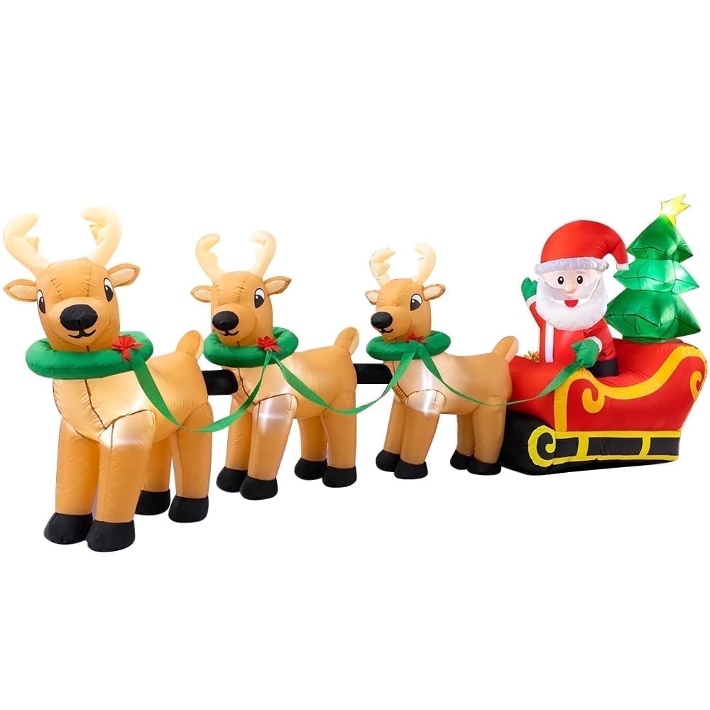 Lighted Christmas Inflatable Decoration 12 Ft Santa Claus on Sleigh with 3 Reindeer and Christmas Tree