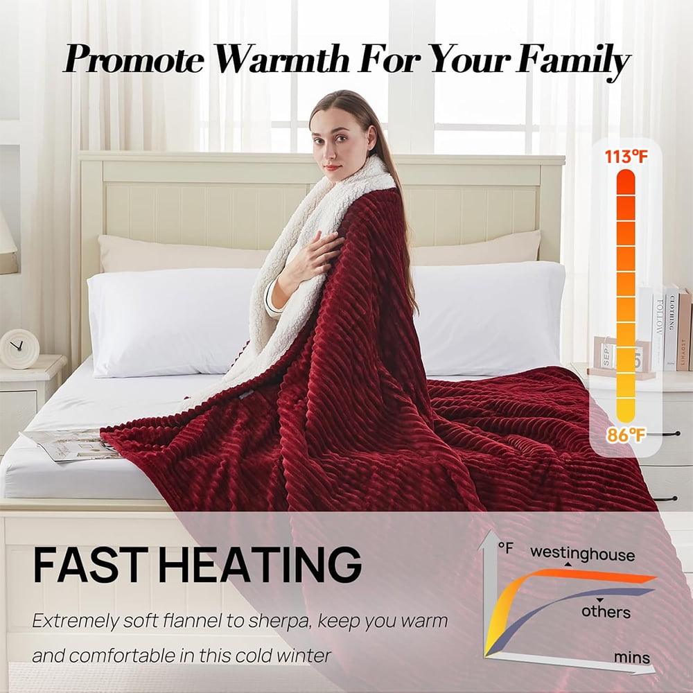 Cowin Heated Blanket Electric Throw, 84"*90" Heating Blanket Flannel Throw, 6 Heat Levels & 0.5-10 Hours Auto-Off, with Over-Heat Protection, Queen Size Machine Washable, Red and White