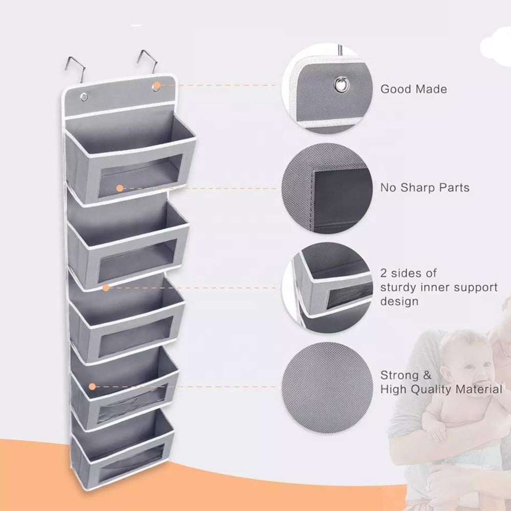Cowin Over The Door Pocket Organizer Fabric Hanging Closet Clear Window Storage Bag with Mental Hooks Gray for Pantry Baby Nursery Bathroom Closet Dorm, Gray