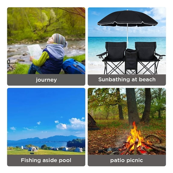 Cowin Outdoor Foldable Picnic Double Chair ,Camping Chairs with Umbrella Camping Double Portable Chairs Folding Beach Chair with Insulation Bag,Backpacking Black