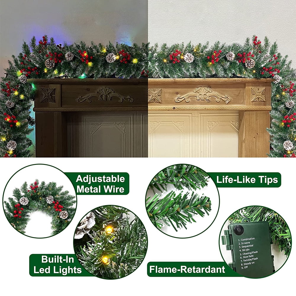 Cowin 9ft Pre-Lit Christmas Garland with 50 Waterproof LED Light and Pine Cones and Berries, 220 Branches Battery Operated Christmas Garland Decoration for Xmas Holiday Party