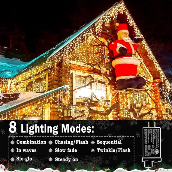 Cowin Icicle Christmas Lights Outdoor Decorations, 99ft 8 Modes Curtain Fairy String Light with 226 Drops, Warm White