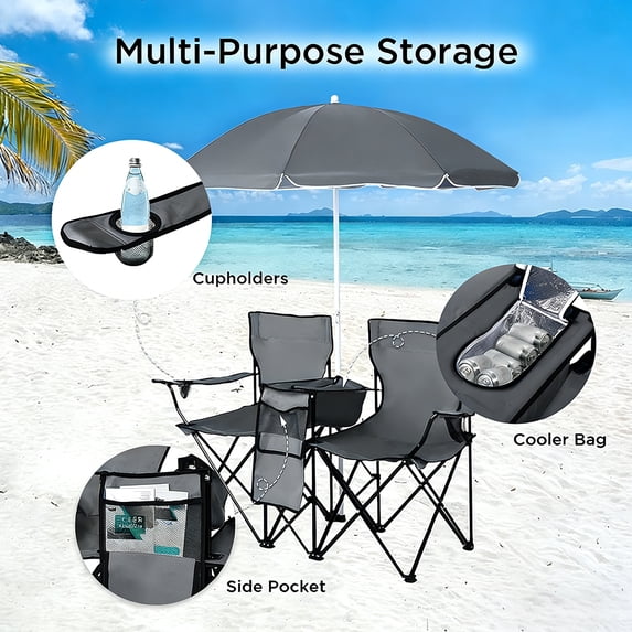 Cowin Outdoor Foldable Picnic Double Chair ,Camping Chairs with Umbrella Camping Double Portable Chairs Folding Beach Chair with Insulation Bag,Backpacking Gray