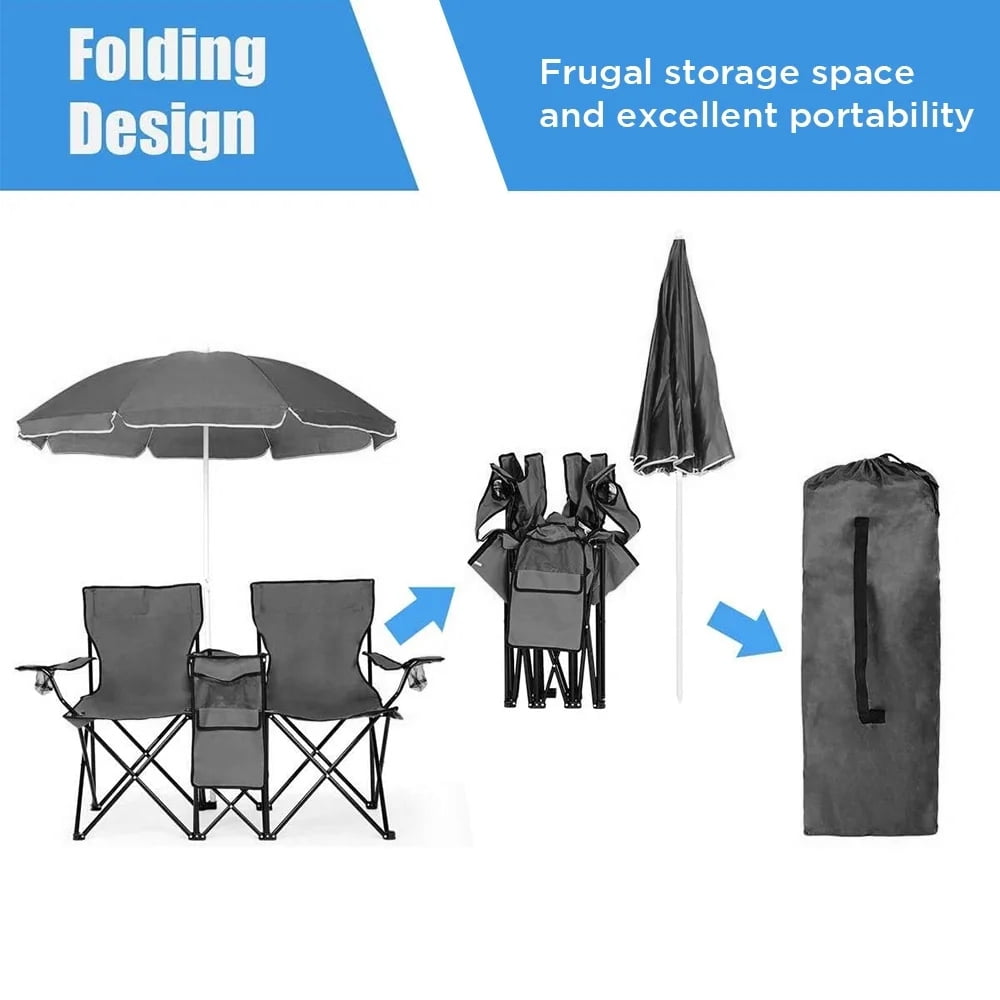 COWIN Outdoor Foldable Picnic Double Chair ,Camping Chairs with Umbrella Camping Double Portable Chairs Folding Beach Chair with Insulation Bag,Backpacking Gray