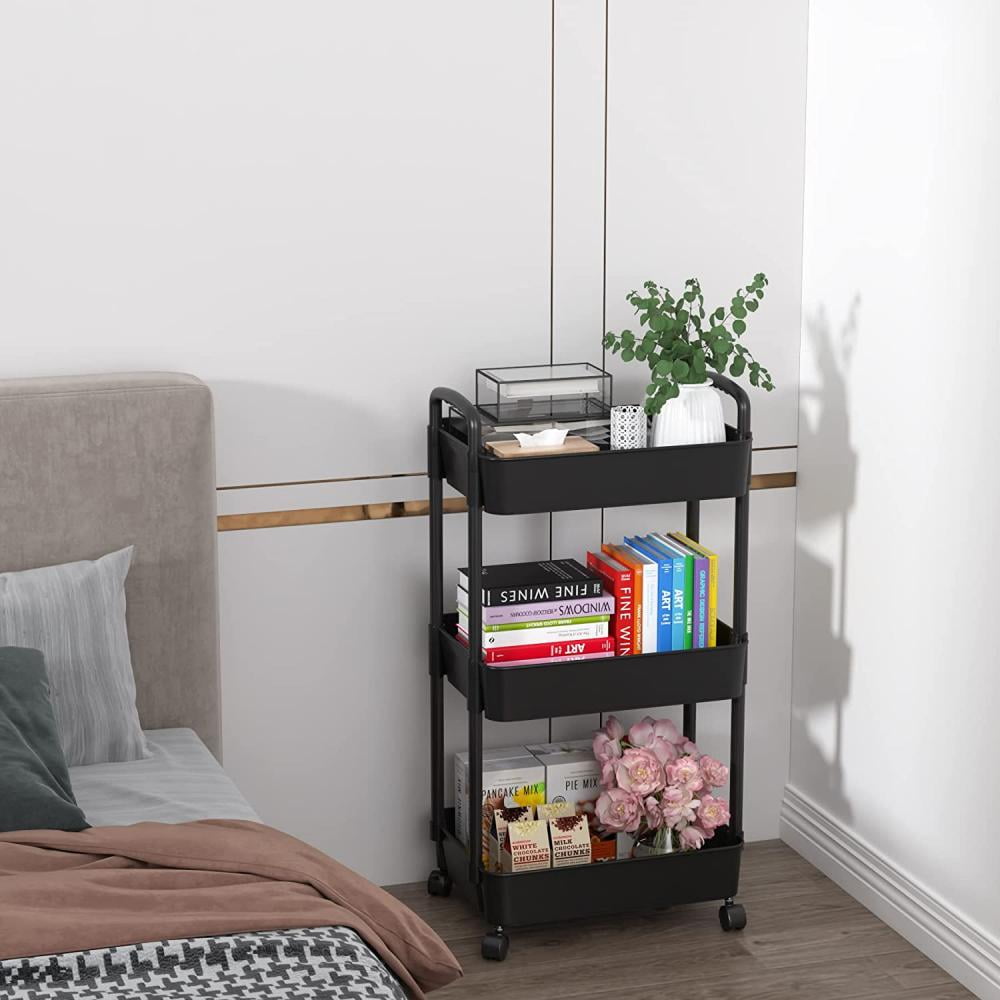 Cowin 3 Tier Metal Rolling Utility Cart with 6 Hooks, Black