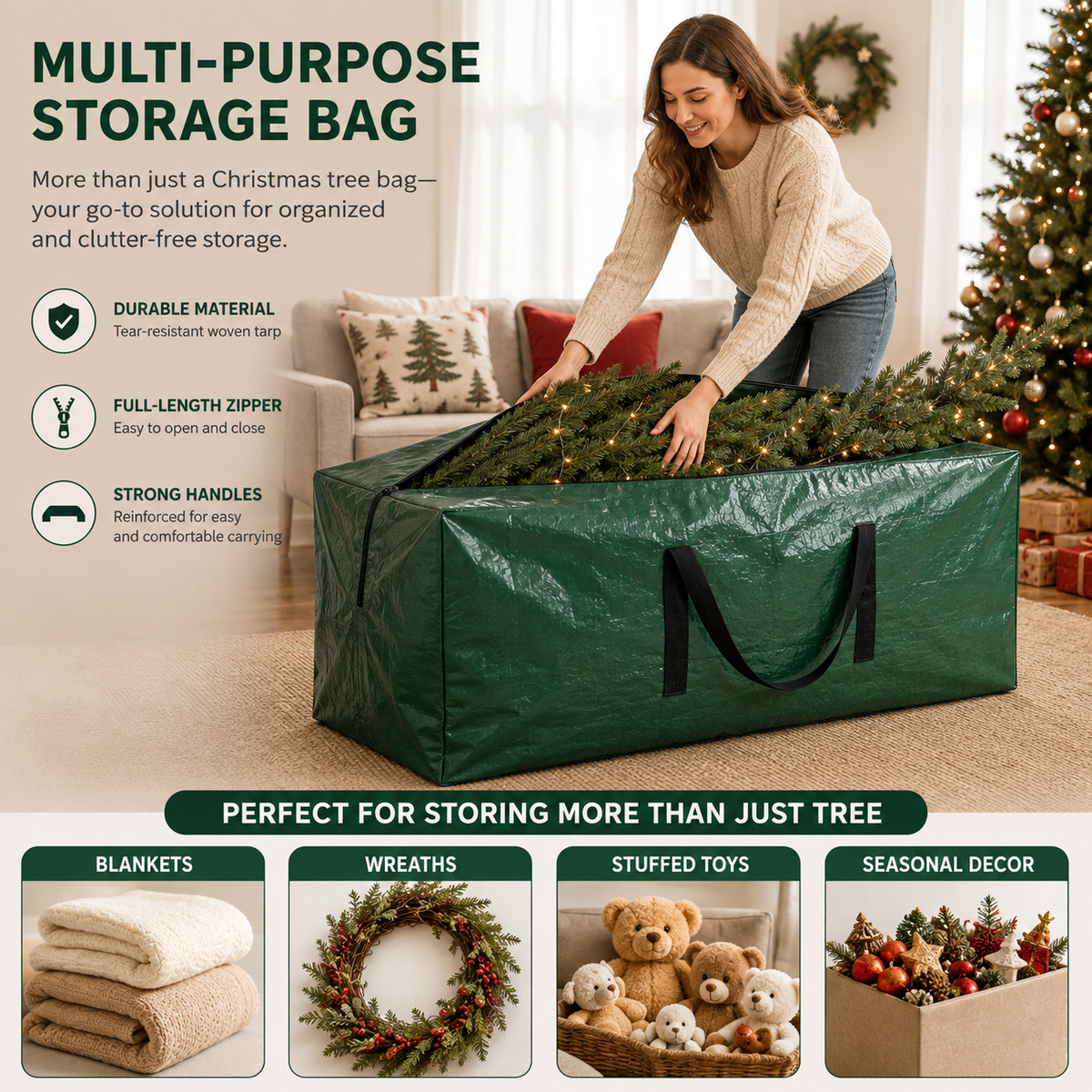 Cowin 9 ft Christmas Tree Storage Bag , for Big Artificial Xmas Tree/Holiday Trees, Green (60X20X30in)