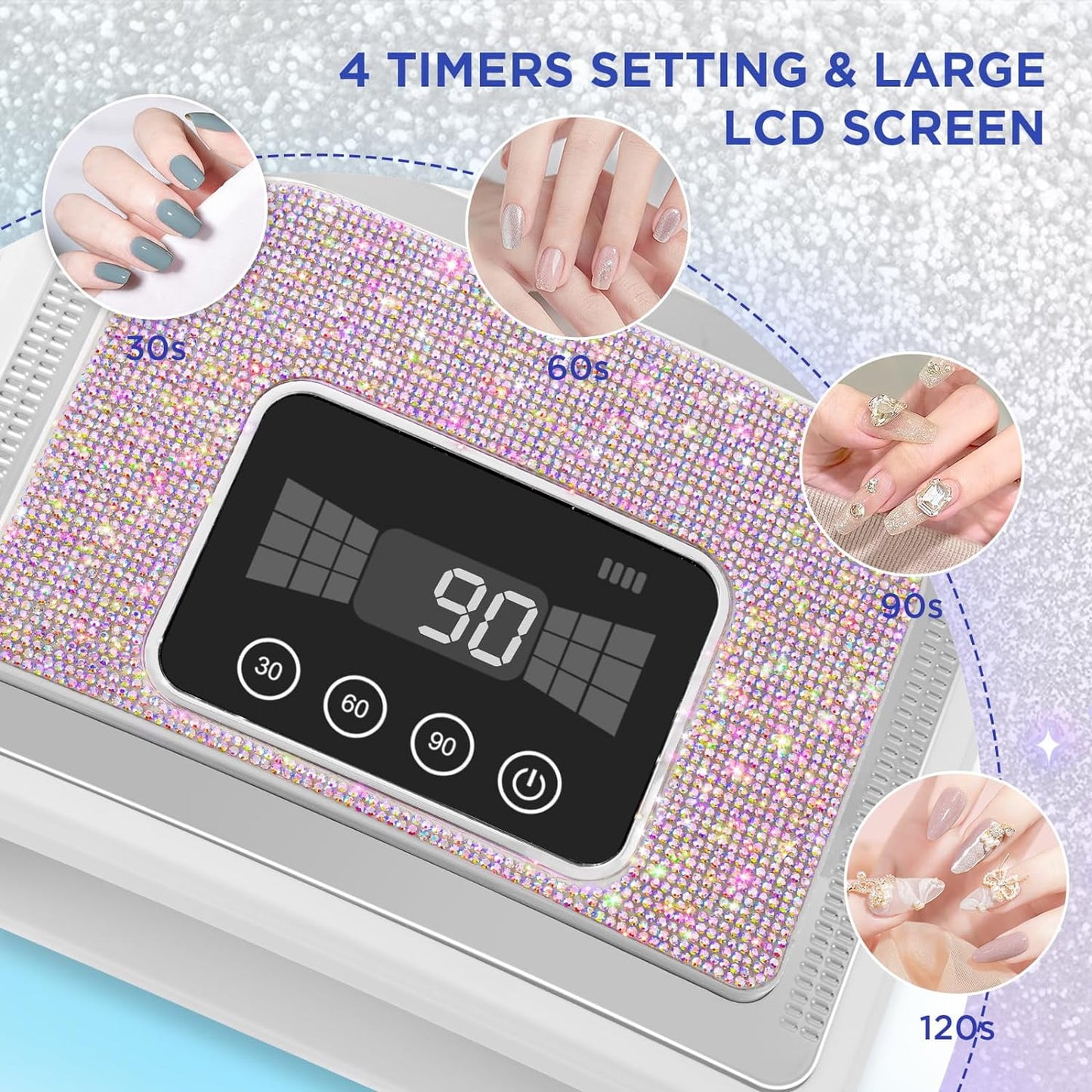 Maraawa UV LED Nail Lamp, 120W Rechargeable Cordless Nail Lamp, 4 Timer Modes with Crystal Diamonds，White