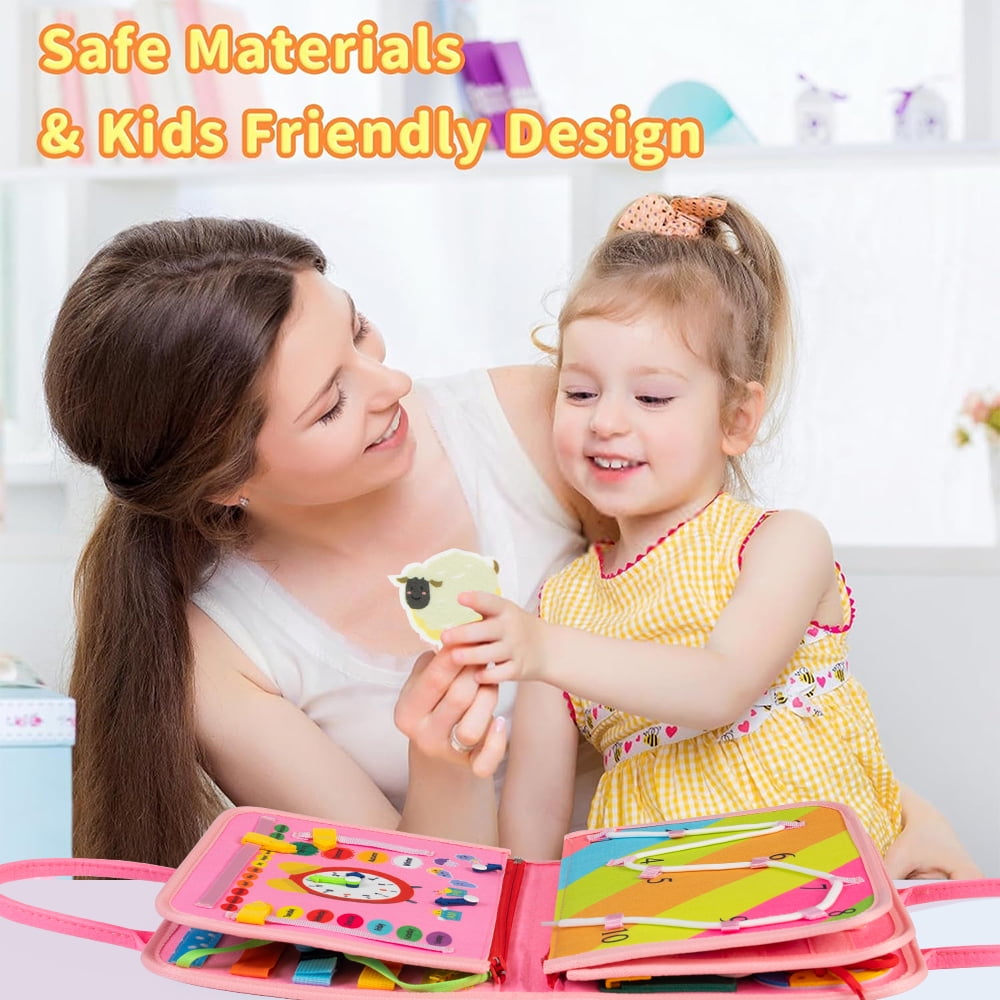 Cowin Busy Board Montessori Toys for Toddler Girls Birthday Gifts, Busy Book Learning Toy for toddlers 1-4, Educational Learning Toy for Airplane Car Travel, Pink