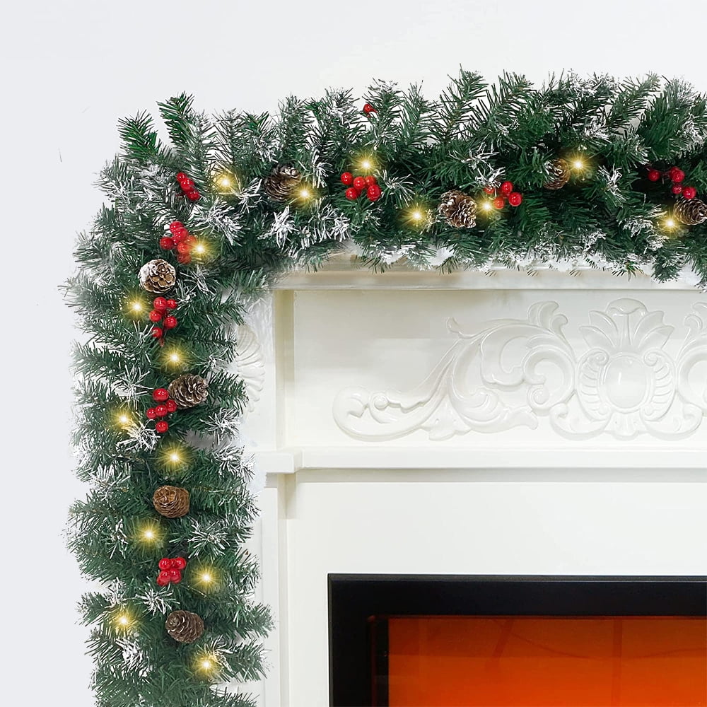 Cowin 2 Pcs 6ft Pre-Lit Christmas Garland, with 40 Waterproof LED Light and Pine Cones and Berries, Battery Operated Garland 200 Branches Christmas Decoration for Xmas Holiday & Party