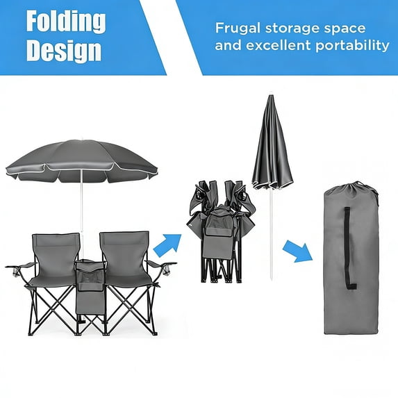 Cowin Outdoor Foldable Picnic Double Chair ,Camping Chairs with Umbrella Camping Double Portable Chairs Folding Beach Chair with Insulation Bag,Backpacking Gray