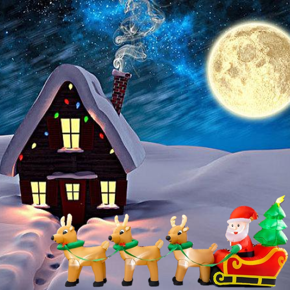 Lighted Christmas Inflatable Decoration 12 Ft Santa Claus on Sleigh with 3 Reindeer and Christmas Tree