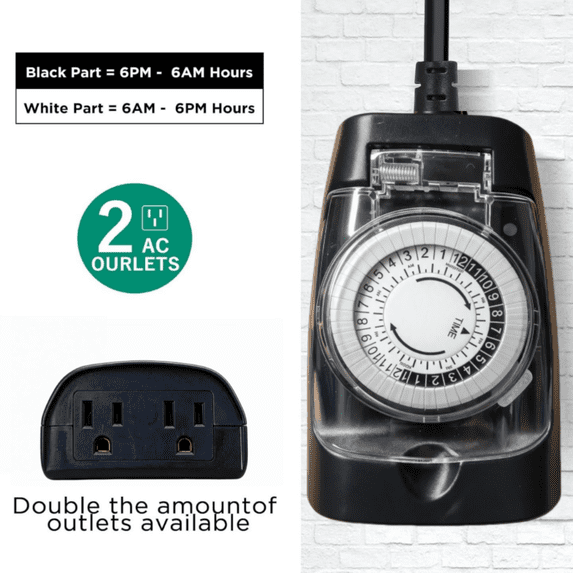 Cowin Outdoor Timer Outlet Waterproof with 30 Minutes Intervals, 24-Hour Mechanical Light Timer with 2 Grounded Outlets for Home & Garden, 15A 1/2HP