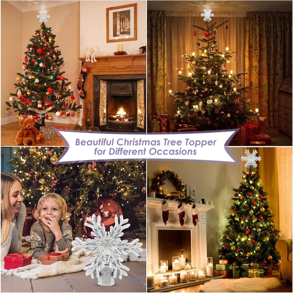Christmas Tree Topper, 9.6” Snowflake Tree Toppers Lighted Indoor with Rotating 3D Silver Snowflake LED Projector Hollow Glitter Lighted for Tree Christmas Decorations Holiday Ornaments