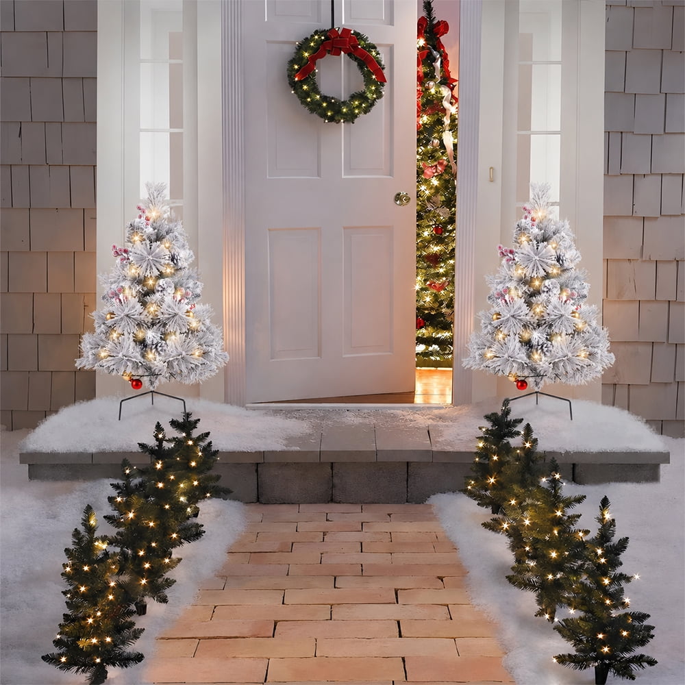 Cowin 25.1in Artificial Christmas Trees Set of 2 Pre-Lit Mini Christmas Trees with 30 LED Lights, Bright Ball, Pine, Berries for Indoor Outdoor Decor
