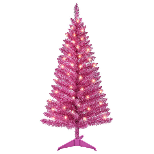 Cowin 4ft Artificial Christmas Tree,Pre-lit Tinsel Pine Spruce Tree, Small Xmas Tree for Home, Office and Party,Pink