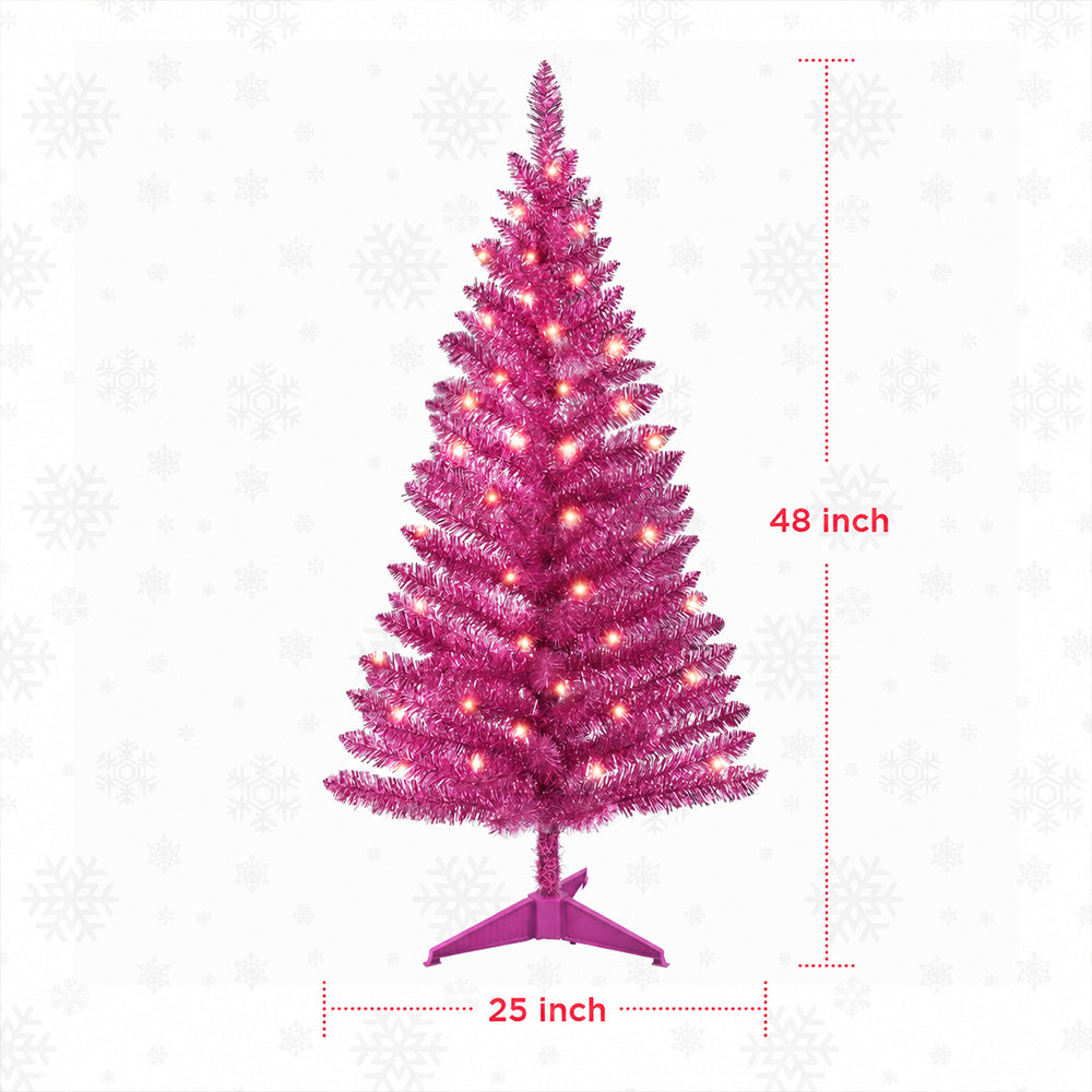 Cowin 4ft Artificial Christmas Tree,Pre-lit Tinsel Pine Spruce Tree, Small Xmas Tree for Home, Office and Party,Pink