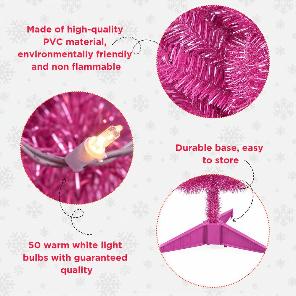 Cowin 4ft Artificial Christmas Tree,Pre-lit Tinsel Pine Spruce Tree, Small Xmas Tree for Home, Office and Party,Pink