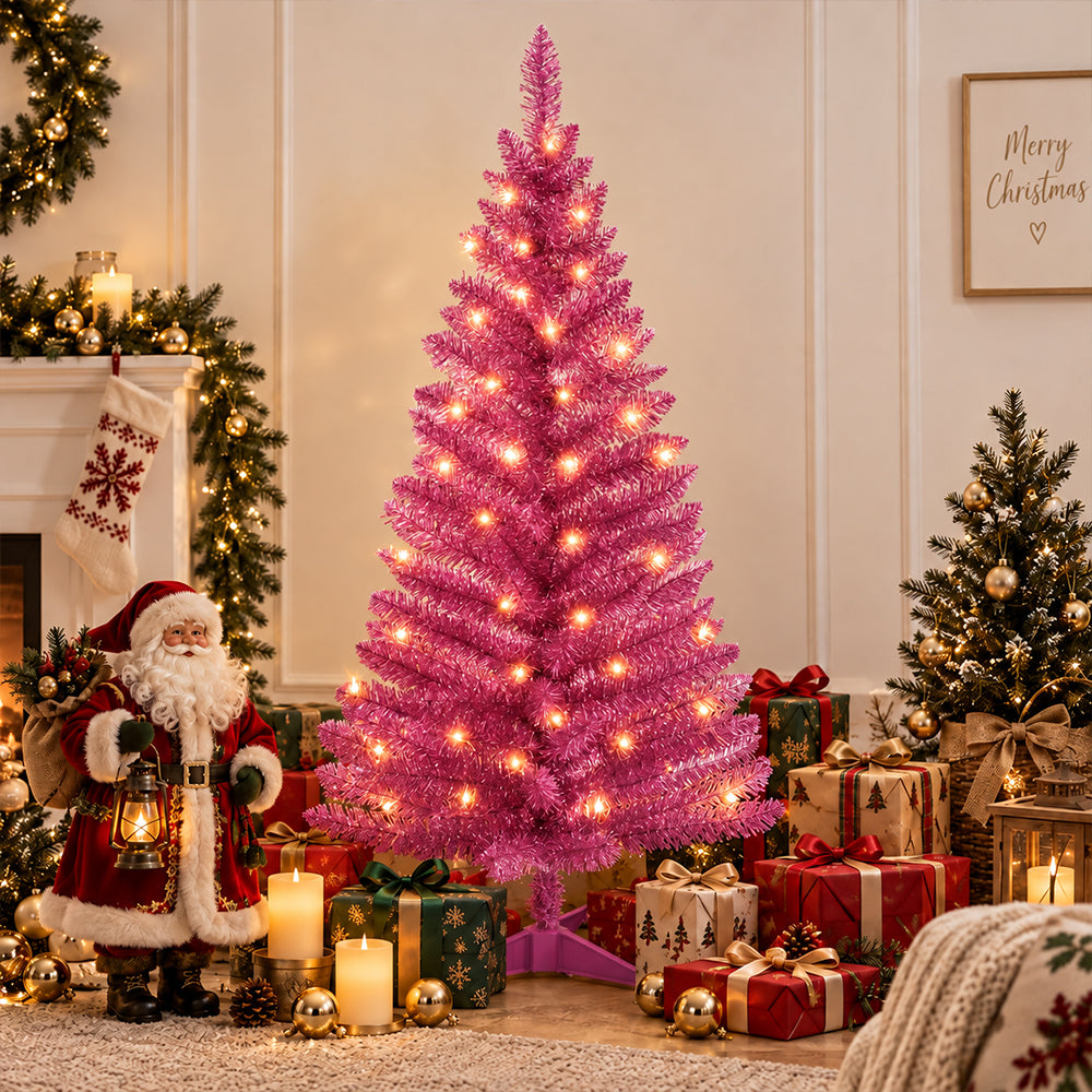 Cowin 4ft Artificial Christmas Tree,Pre-lit Tinsel Pine Spruce Tree, Small Xmas Tree for Home, Office and Party,Pink