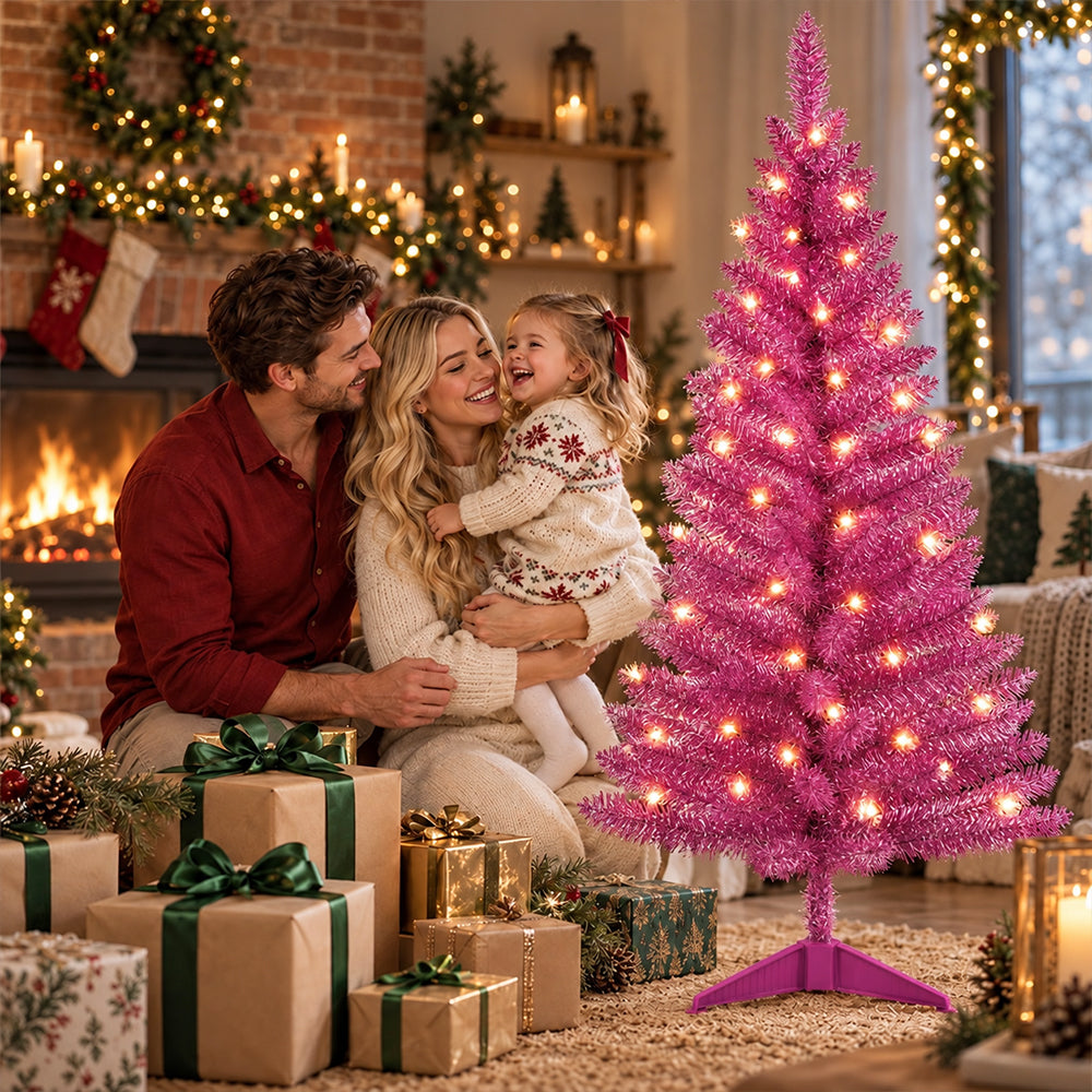 Cowin 4ft Artificial Christmas Tree,Pre-lit Tinsel Pine Spruce Tree, Small Xmas Tree for Home, Office and Party,Pink