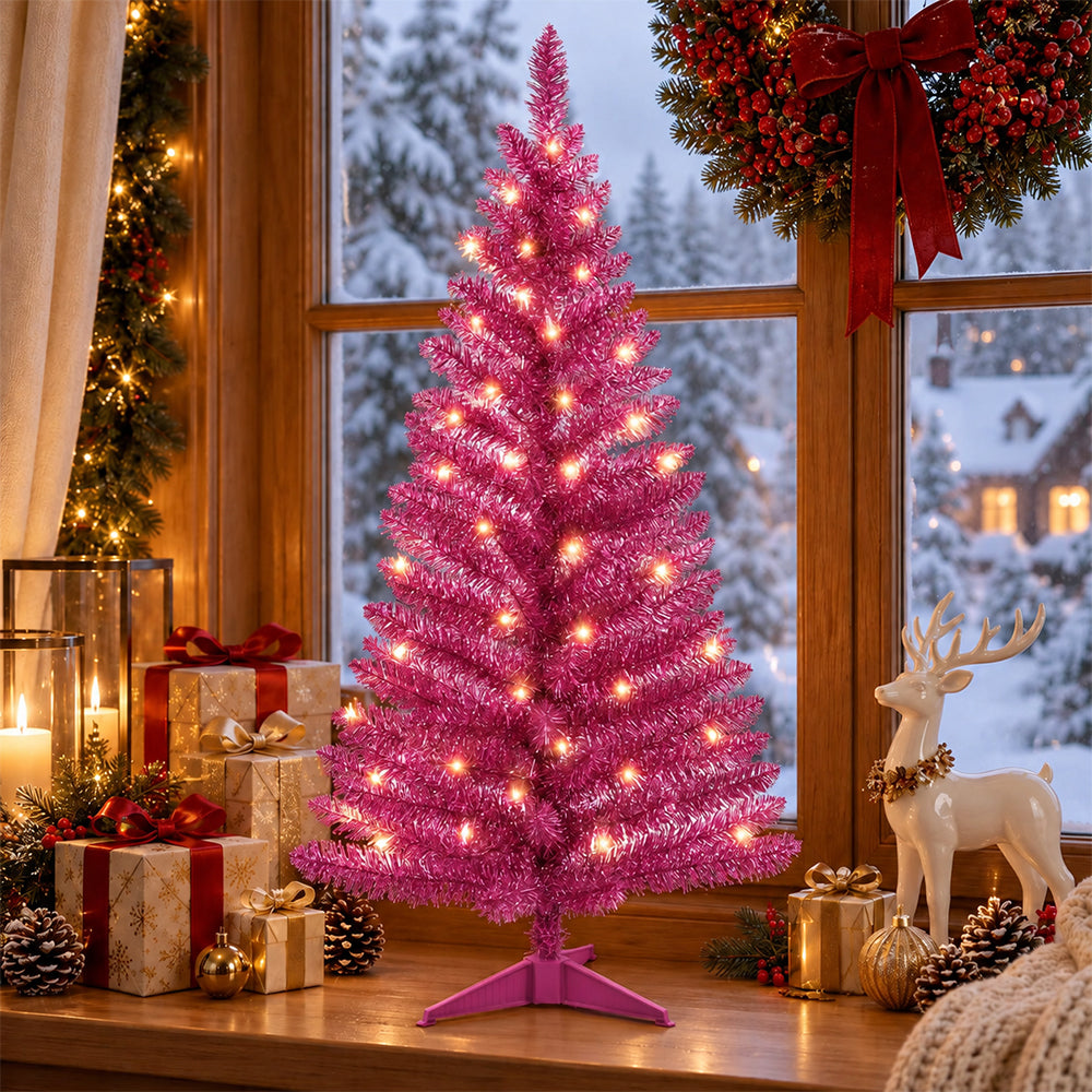 Cowin 4ft Artificial Christmas Tree,Pre-lit Tinsel Pine Spruce Tree, Small Xmas Tree for Home, Office and Party,Pink