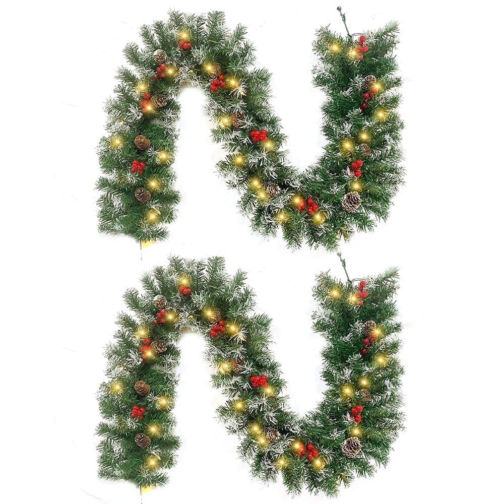Cowin 2 Pcs 6ft Pre-Lit Christmas Garland, with 40 Waterproof LED Light and Pine Cones and Berries, Battery Operated Garland 200 Branches Christmas Decoration for Xmas Holiday & Party