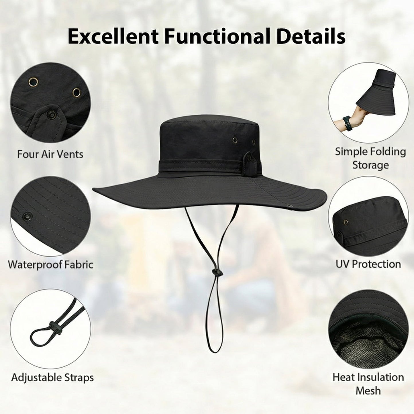 Cowin Sun Hat for Men Sun Protection Wide Brim Bucket Hat Waterproof Breathable Packable Boonie Hat for Fishing Black