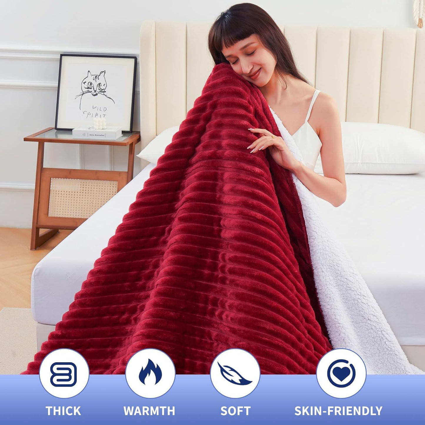 Cowin Heated Blanket Electric Throw, 84"*90" Heating Blanket Flannel Throw, 6 Heat Levels & 0.5-10 Hours Auto-Off, with Over-Heat Protection, Queen Size Machine Washable, Red and White