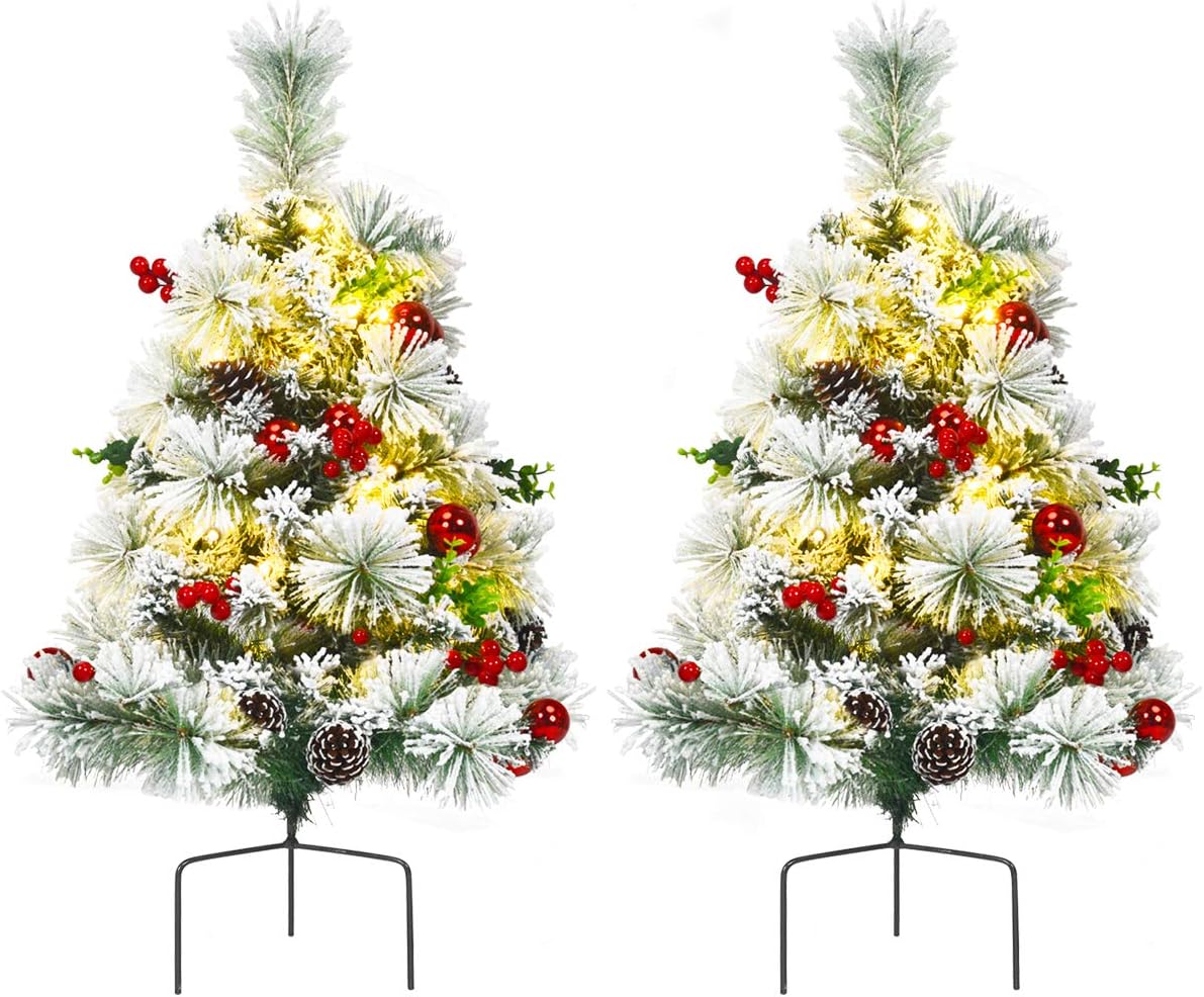 25.1in Artificial Christmas Trees Set of 2 Pre-Lit Mini Christmas Trees with 30 LED Lights, Bright Ball, Pine, Berries for Indoor Outdoor Decor