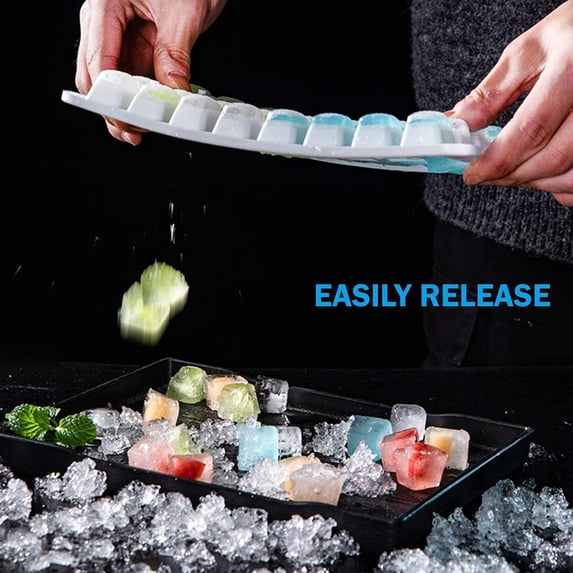 Cowin Silicone Ice Cube Tray with Lid, 4-Piece Mold for Big Ice Balls & Square Cubes, Blue