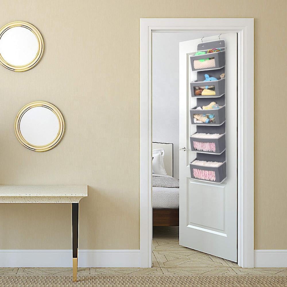 Cowin Over The Door Pocket Organizer Fabric Hanging Closet Clear Window Storage Bag with Mental Hooks Gray for Pantry Baby Nursery Bathroom Closet Dorm, Gray