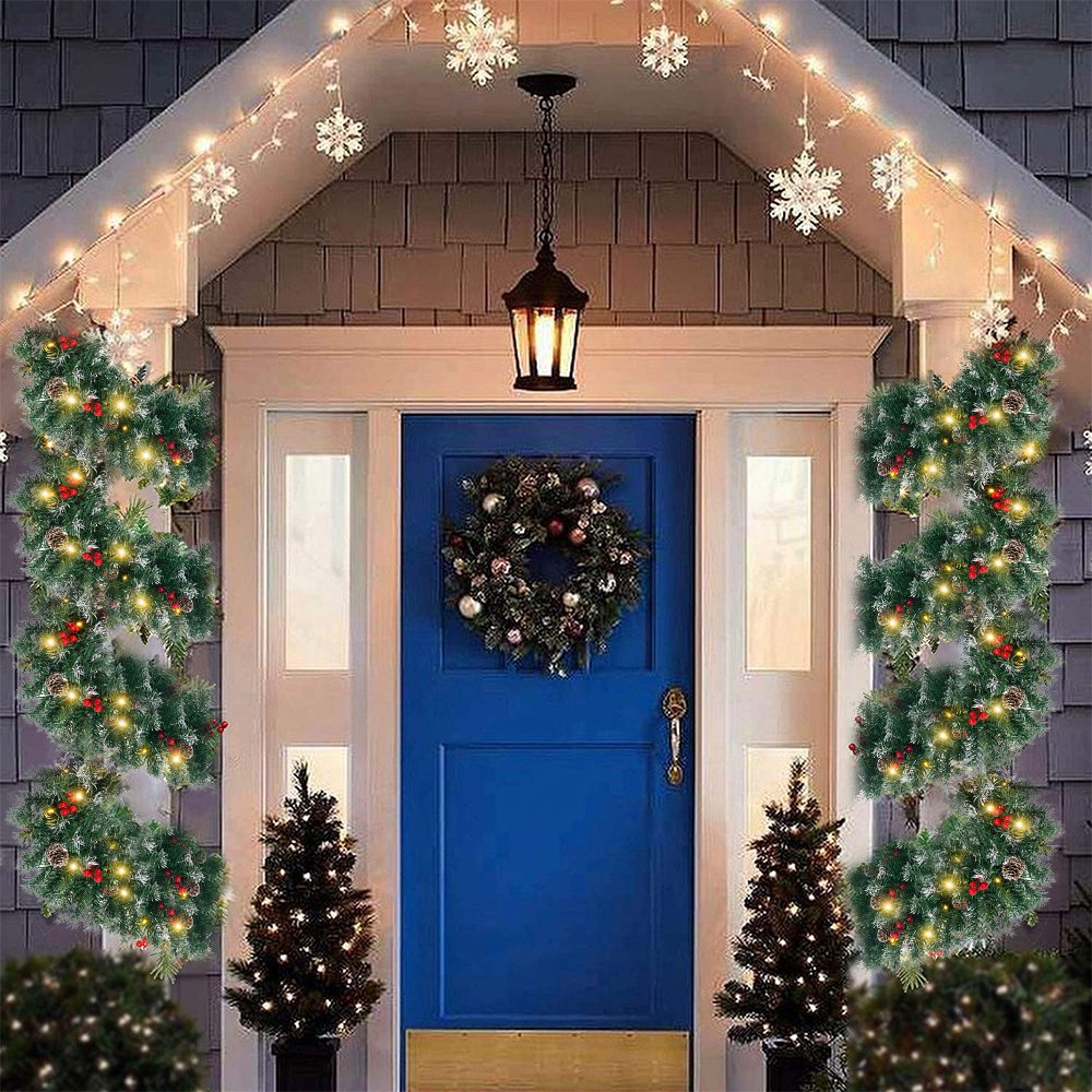 Cowin 2 Pcs 6ft Pre-Lit Christmas Garland, with 40 Waterproof LED Light and Pine Cones and Berries, Battery Operated Garland 200 Branches Christmas Decoration for Xmas Holiday & Party