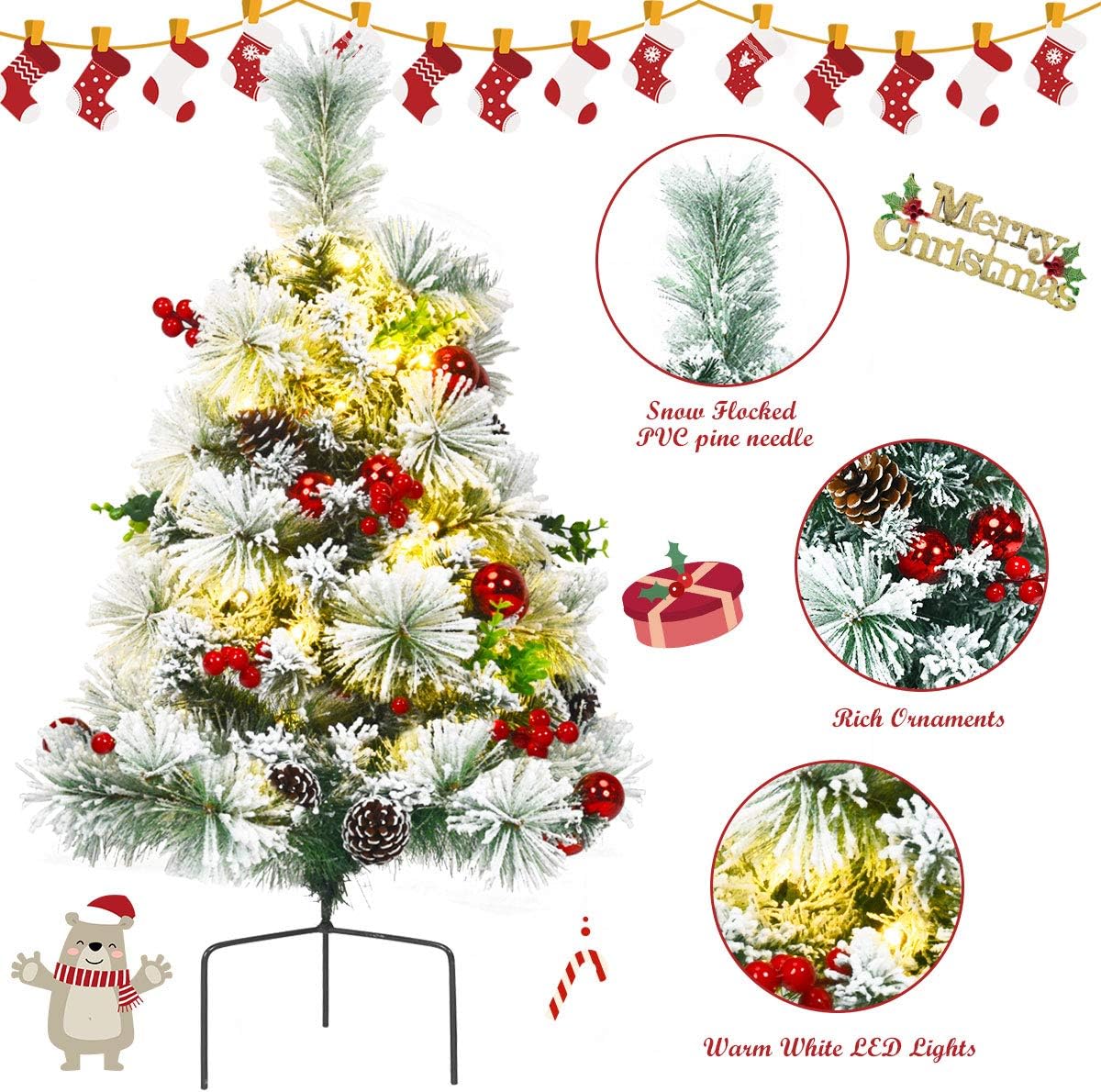 25.1in Artificial Christmas Trees Set of 2 Pre-Lit Mini Christmas Trees with 30 LED Lights, Bright Ball, Pine, Berries for Indoor Outdoor Decor