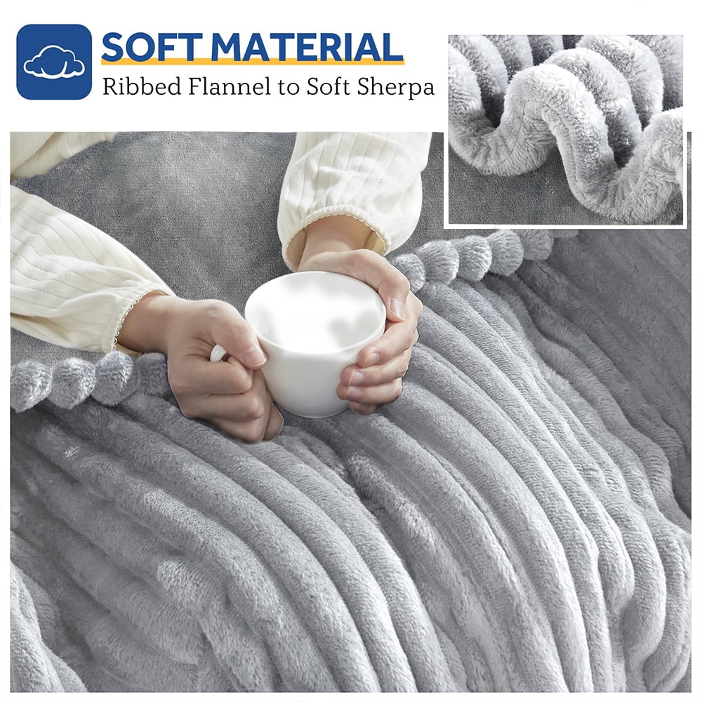 Heated Blanket Electric Twin Striped Flannel Blanket 62"x84" Electric Blanket with 6 Heat Settings 10 Hour Timer Auto Shut Off, Light gray