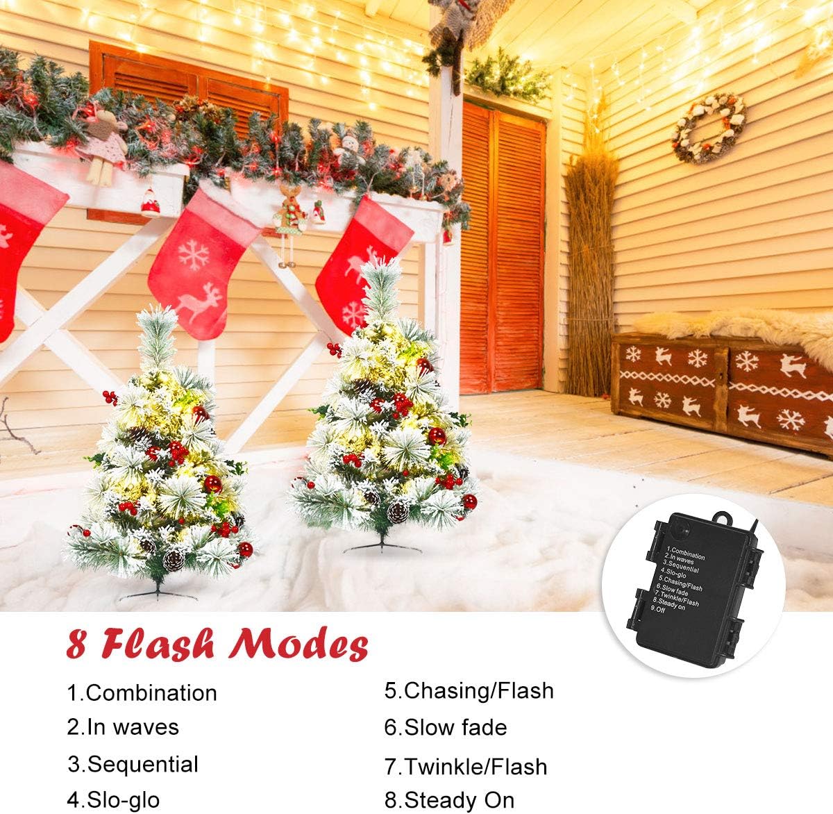 25.1in Artificial Christmas Trees Set of 2 Pre-Lit Mini Christmas Trees with 30 LED Lights, Bright Ball, Pine, Berries for Indoor Outdoor Decor