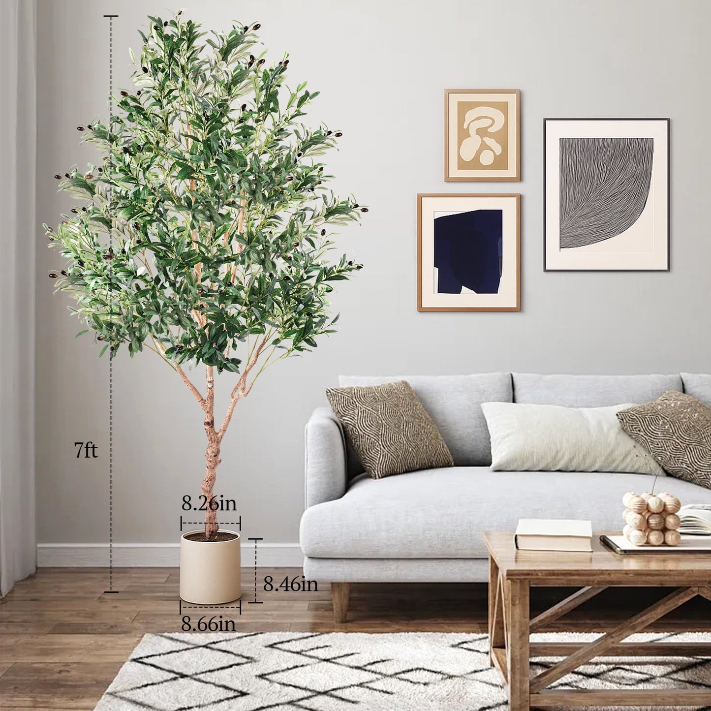 7ft Artificial Olive Tree, 1800 leaves with Lively Trunk and Lifelike Fruits, Indoor Fake Potted Tree with Straight Basin for Home Office Decor
