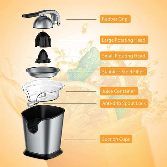 Electric Citrus Juicer for Orange Lemon Lime Grapefruit Juice, 150W Squeezer with Soft Rubber Grip, Stainless Steel Filter and Anti-drip Spout Lock - Silver