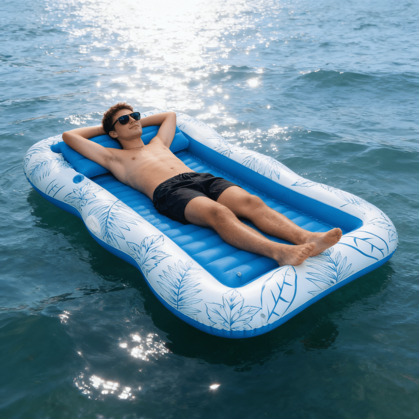 COWIN 77"x 50" Inflatable Tanning Pool Lounger Float, Summer Maple Leaf Water Inflatable Floating Bed with Backrest, Leisure Floating Raft, Water Lounge Floaties Tub with Drink Holder, Blue
