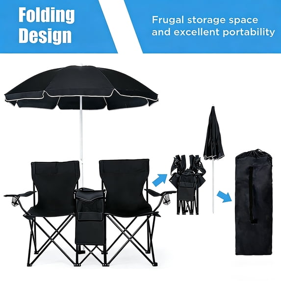 Cowin Outdoor Foldable Picnic Double Chair ,Camping Chairs with Umbrella Camping Double Portable Chairs Folding Beach Chair with Insulation Bag,Backpacking Black