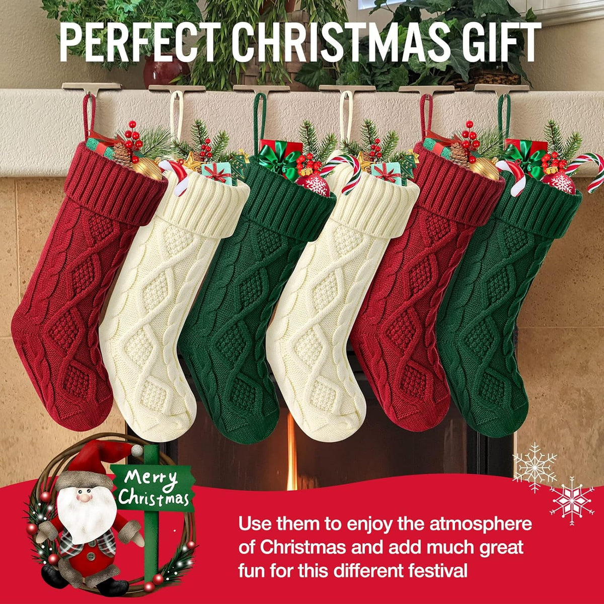 COWIN 6 Pack Knit Christmas Stockings, 18" Cable Knitted Stocking Decorations Xmas Rustic Farmhouse for Family Holiday Season, Burgundy, Ivory White, Green