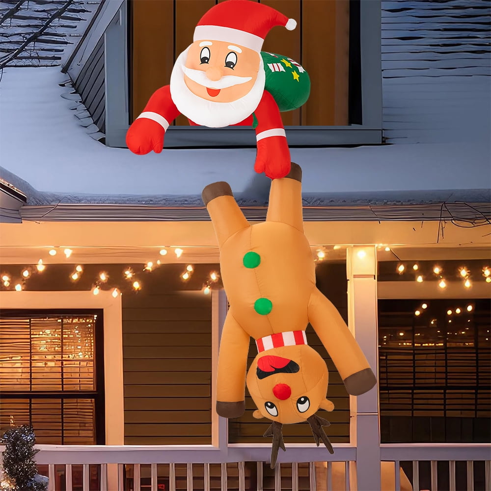 7FT Christmas Inflatable Santa Claus with Reindeer Blow Up Hanging Xmas Inflatables Decor with LED Lights