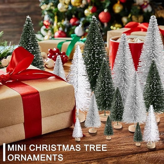 Cowin 30Pcs Mini Christmas Trees Decor, Artificial Christmas Tree 5 Sizes with Wooden Base for Christmas Decor Christmas Party Home Table Craft Decorations (Green+silver+white)