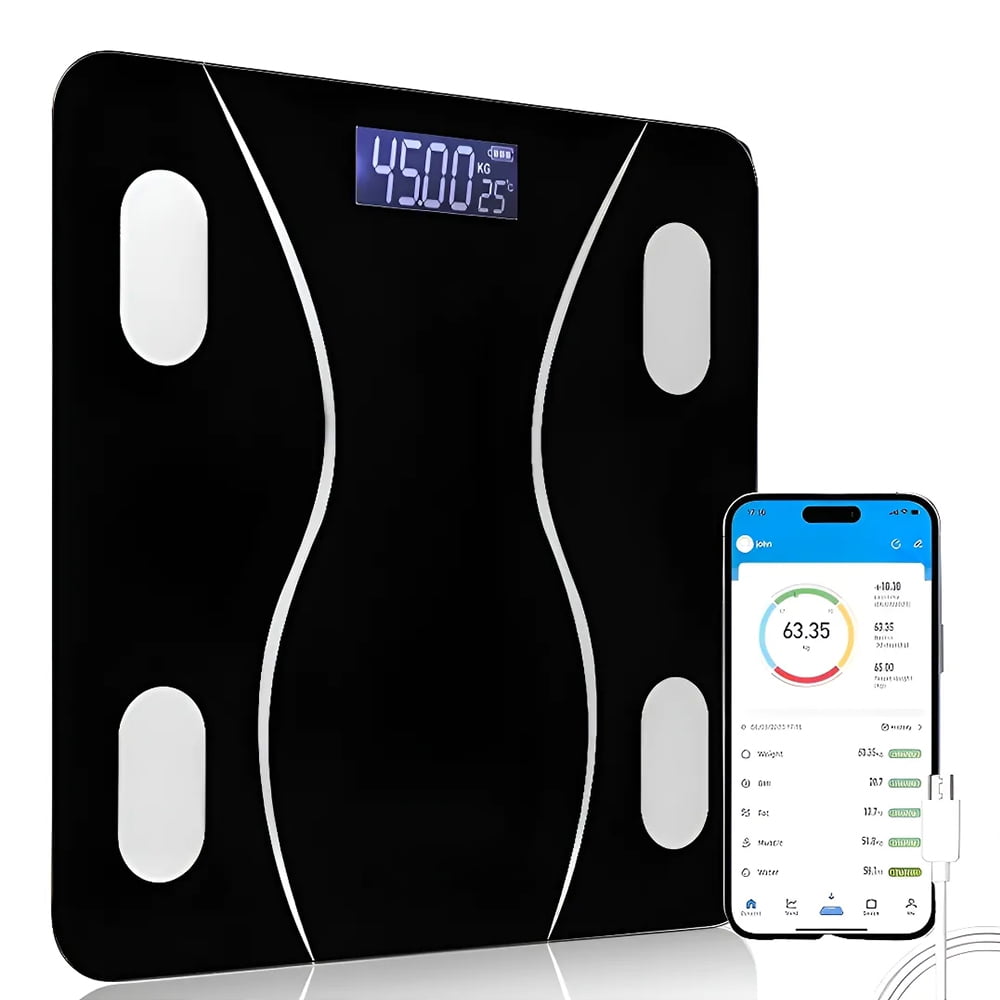 COWIN Smart Digital Body Fat Scale Rechargeable Bluetooth Connection Electronic Bathroom Scale Personal Bathroom Scale 180kg Capacity Minimalist Design White Edition, Black